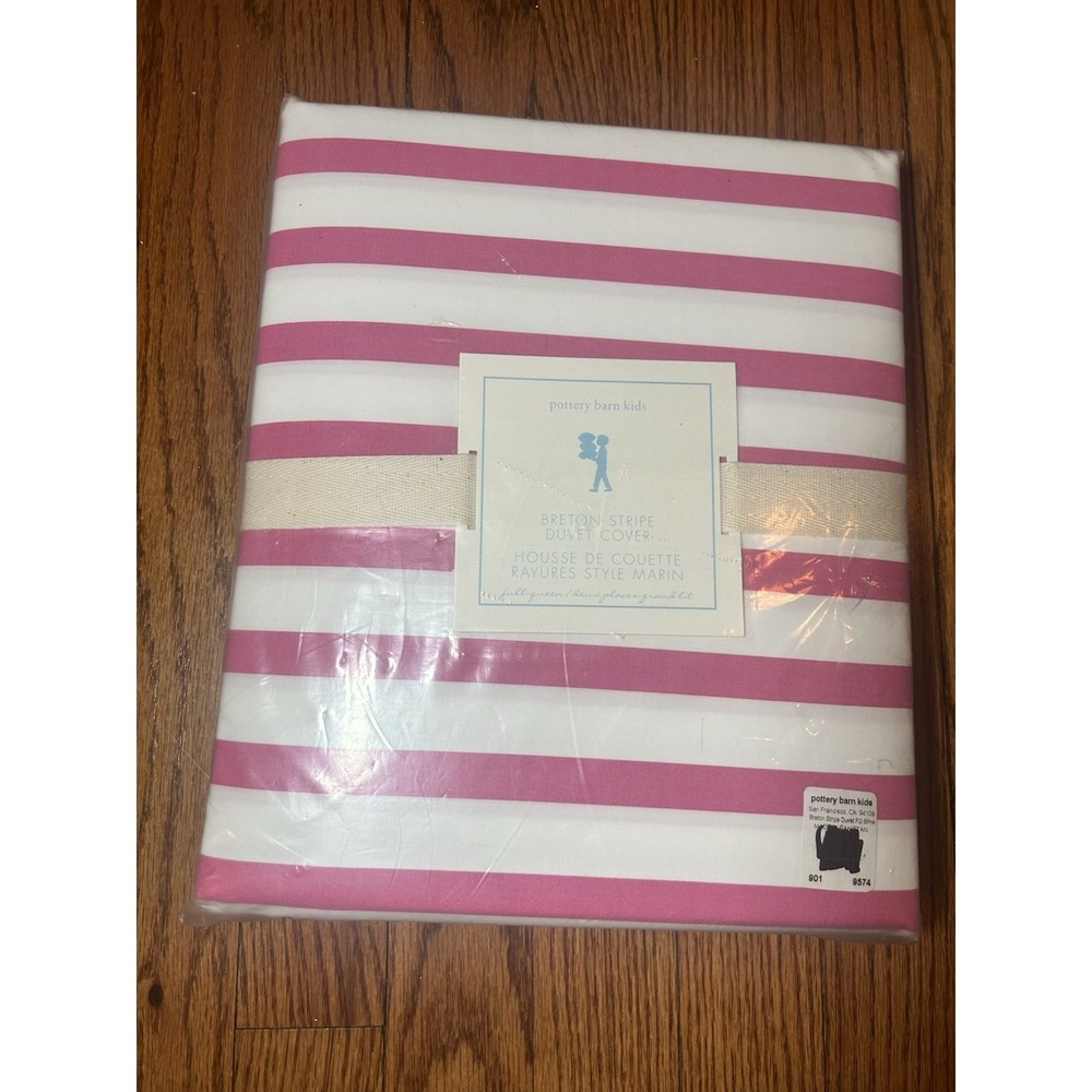Pottery Barn  Breton pink and white striped duvet cover size full queen new